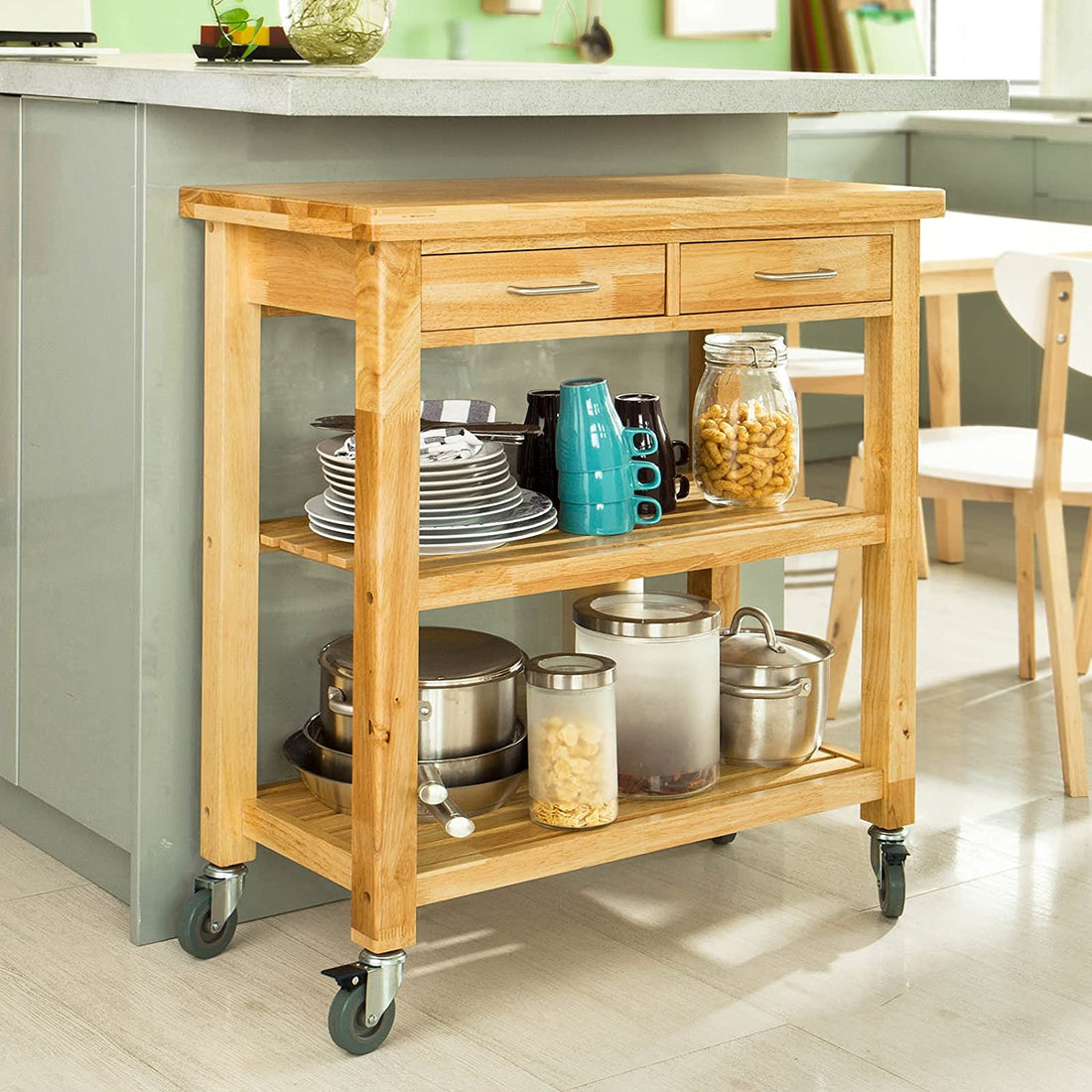 Rubber Wood Kitchen - Opbergwagen met twee laden en planken