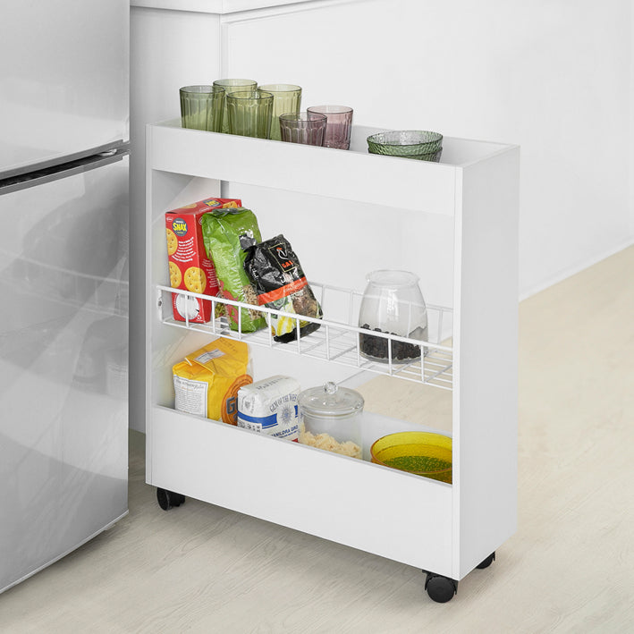 Slim Rolling Storage Cart - Nisplank - Keukentrolley - 3-laags organizer - Mobiel met vergrendelbare wielen - Ideaal voor specerijen, badbenodigdheden - 20 cm x 70 cm x 60 cm - Wit