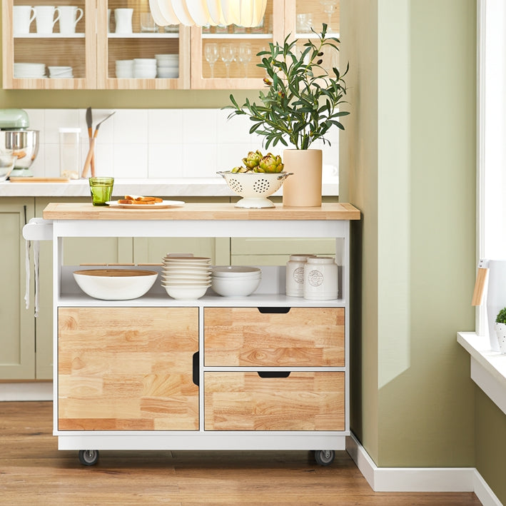Keukentrolley - Keukeneiland met Kruidenrek - Mobiel Keukenkastje - Dressoir - Veel opbergruimte - Veelzijdig ontwerp - Duurzaam MDF en rubberhout - 119 cm x 90 cm x 55 cm