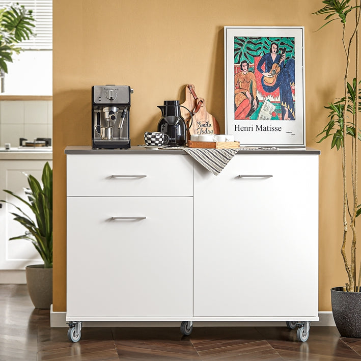 Keukenkast Trolley - Keukeneiland - Serveerwagen - Roestvrijstalen blad - Verstelbare planken - Gemakkelijke mobiliteit met afsluitbare wielen - Duurzame MDF-constructie - 120 cm x 90 cm x 56 cm