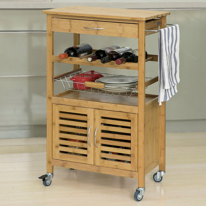 Bamboe Keukentrolley met Wielen - Theewagen - Serveerwagen - Flessenrek, Handdoekhouder, Afneembare mand - 60 cm x 92 cm x 36 cm