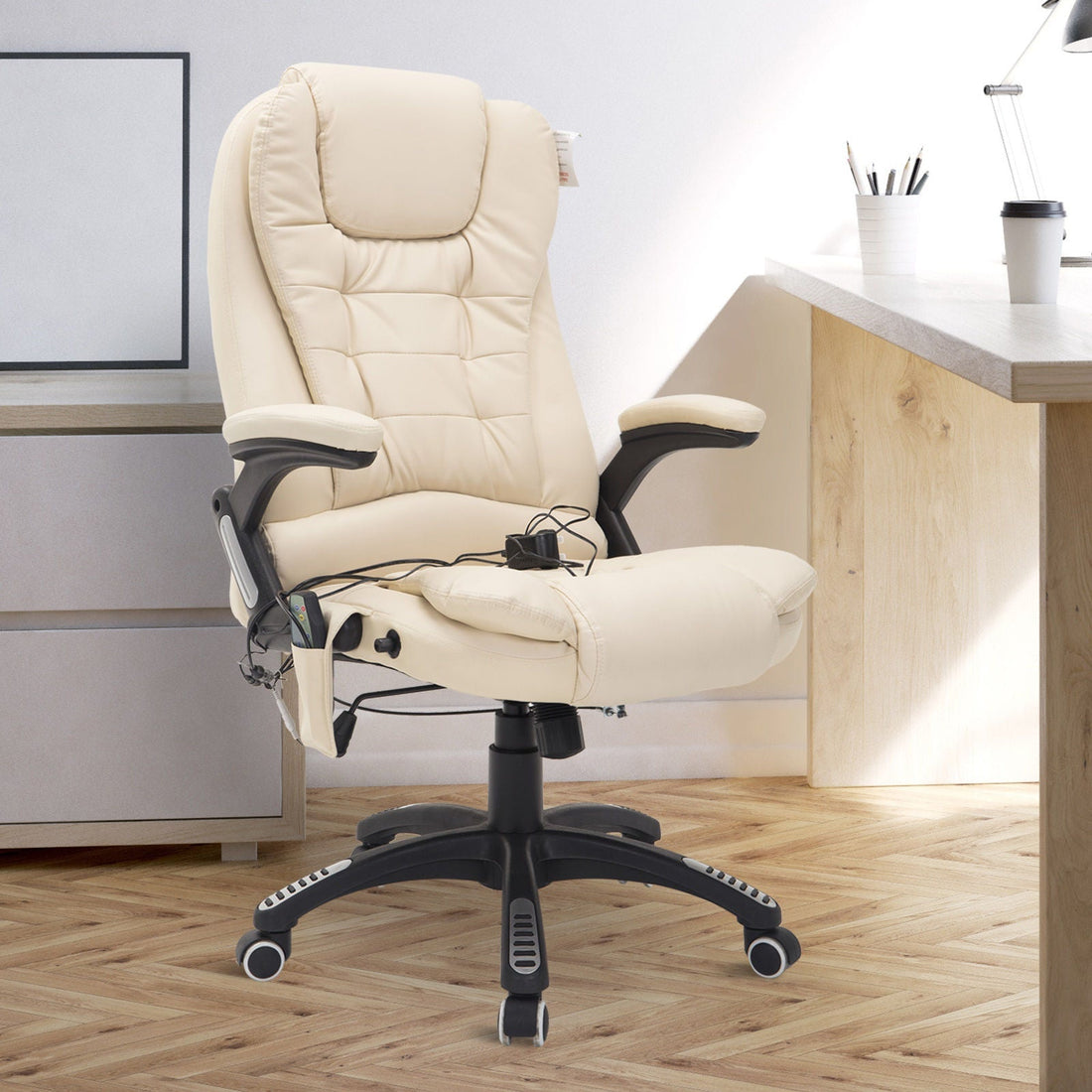 Leder Bürostuhl mit Massage und Heizung | Farbe: Creme | Maße: 26,77x24,41x47,64 cm