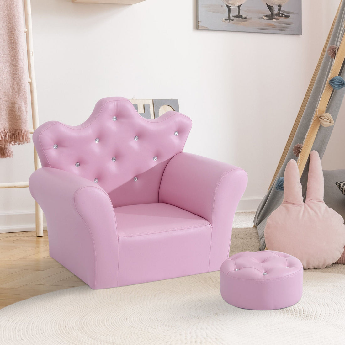 Kinderbankje met kroonvorm en voetenbankje | Kleur: Roze | Afmetingen: 40.5x58x49 cm