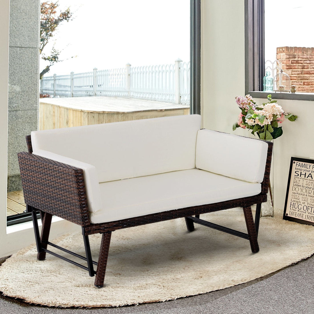 2-zits tuinbank van polyrattan | Kleur: Bruin, Beige | Afmetingen: 50.78x25.98x26.37 cm