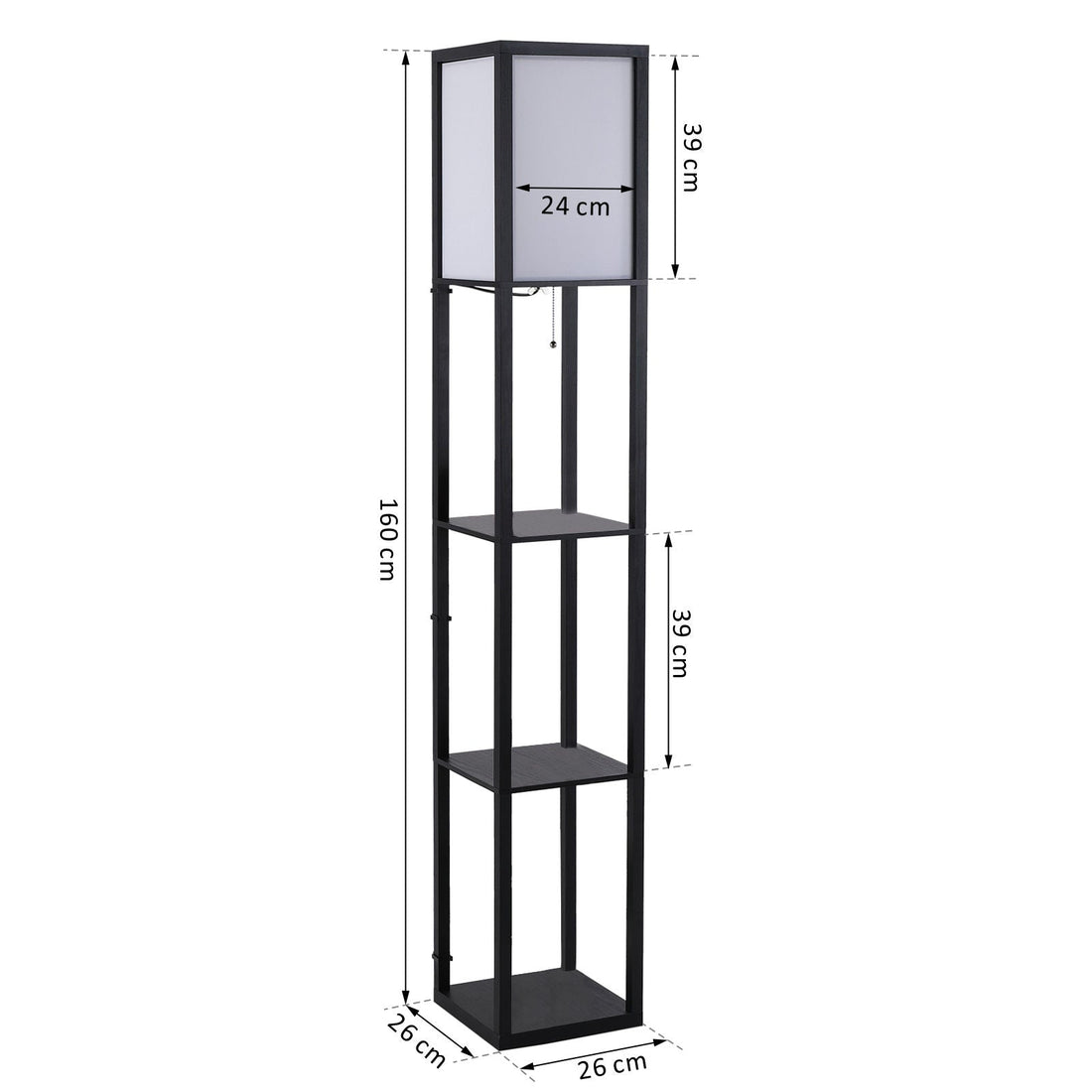 Vloerlamp met 3 planken | Kleur: Zwart | Afmetingen: 10.23x10.23x62.99 cm