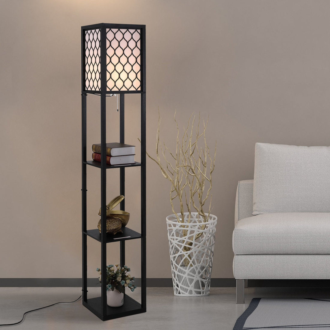 Staande lamp met 3 planken | Kleur: Zwart | Afmetingen: 10.23x10.23x14.17 cm