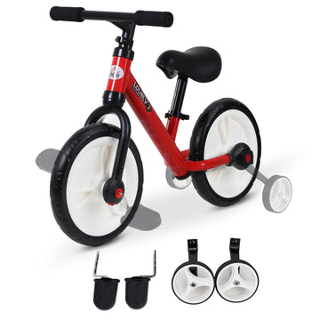 Kinderbalansfiets met zijwielen en pedalen | Kleur: Rood | Afmetingen: 14.17x33.46x21.25 cm