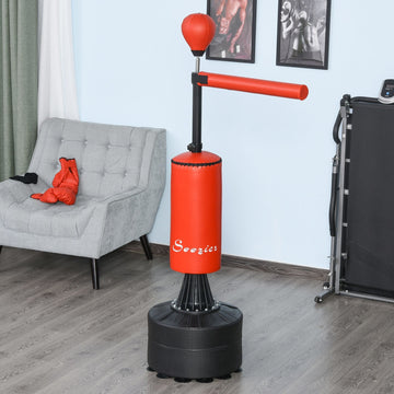 Staande bokszak met handschoenen en speedbal | Kleur: Zwart, rood | Afmetingen: 88x48x155-205 cm