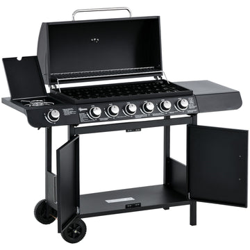 BBQ-grillwagen 7 branders met kast | Kleur: Zwart | Afmetingen: 53.14x19.68x39.37 cm