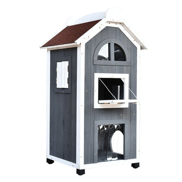 Kattenhuis - Houten kattenhok met hangmat | Kleur: Grijs, wit | Afmetingen: 21.65x23.22x42.91 cm