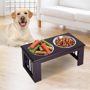 Dubbele hondenvoerbak - RVS en MDF | Kleur: Zwart | Afmetingen: 30.5x58.4x25.4 cm
