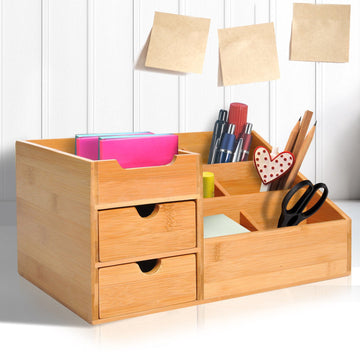 Bamboe bureau-organizer met 2 laden en 7 vakken | Kleur: Bruin | Afmetingen: 12.99x8.07x6.1 cm
