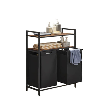 Wasmand met 2 vakken, uittrekbare planken, 73x33x91 cm, vintage bruin-zwart