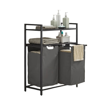 Wasmand met 2 vakken, waszakken en planken – 73 x 33 x 92 cm
