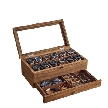 Horlogedoos van massief hout - 12 vakken - glazen deksel - walnootkleur - 19 x 34 x 12,5 cm