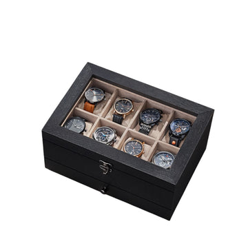 Houten horlogebox met 8 vakken - Glas - Zwart - 19 x 27 x 12,5 cm