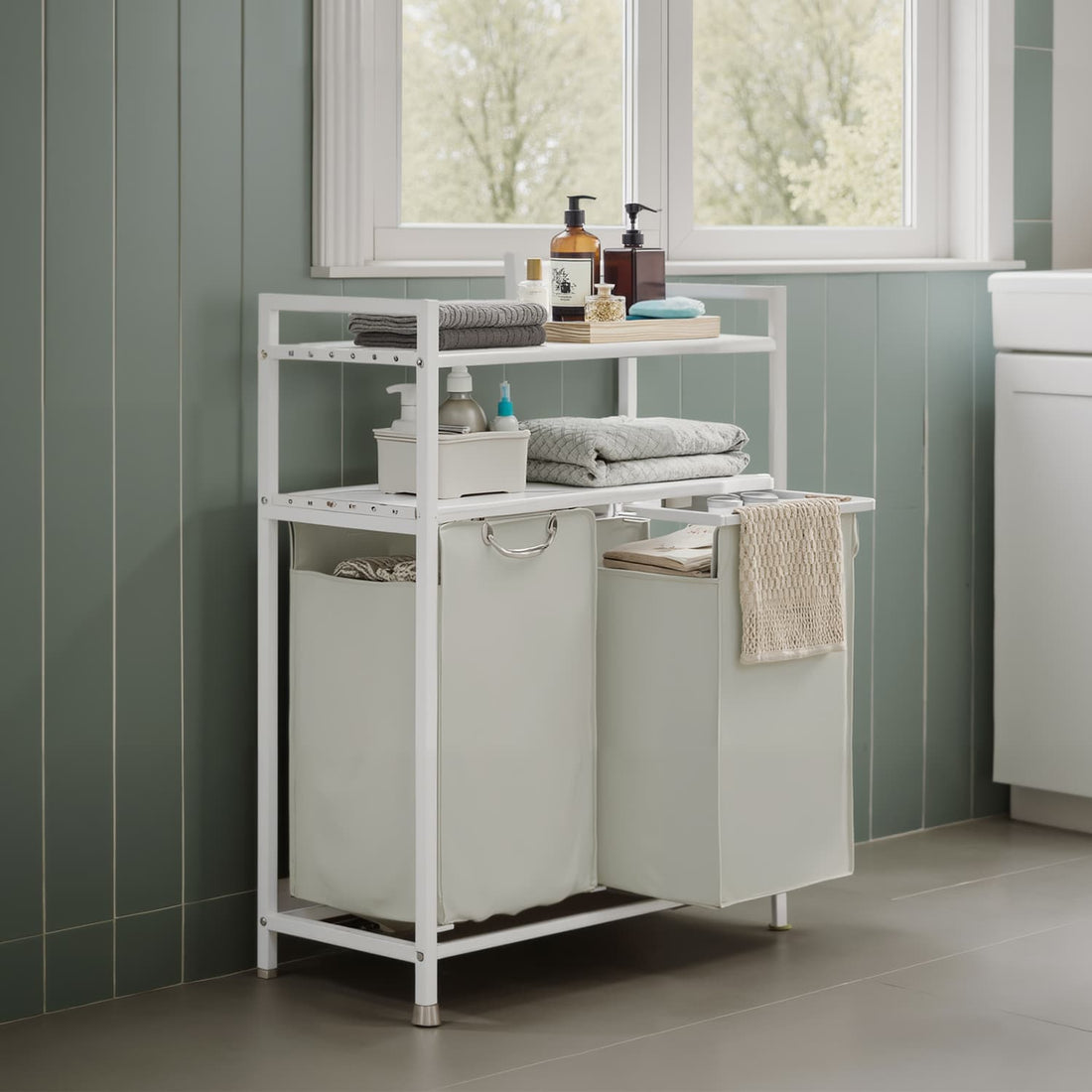 Wasmand met 2 vakken - uitschuifbare uitneembare zakken - 73 x 33 x 92 cm