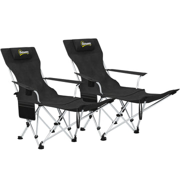 2 campingstoelen met afneembare voetsteun | Kleur: Zwart | Afmetingen: 48x125x90 cm