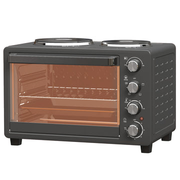 28L Mini-oven met grill en 2 kookplaten | Kleur: Zwart | Afmetingen: 48.6x36.3x33 cm