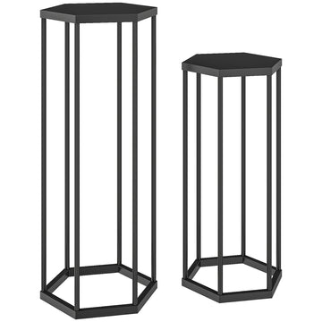 Set van 2 plantenstandaards - Hexagonaal metaal | Kleur: Zwart | Afmetingen: 31x27x75 cm