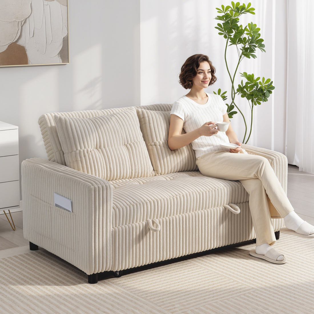 2-zits slaapbank met corduroy bekleding | Kleur: Crèmewit | Afmetingen: 157x90x91 cm