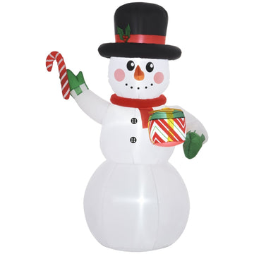 Grote opblaasbare kerstsneeuwpop met zuurstok en cadeau | Kleur: Wit | Afmetingen: 80x120x180 cm