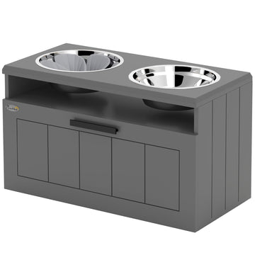 Hondenvoerstation grote honden met RVS-bakken en lade | Kleur: Grijs | Afmetingen: 60x30x35 cm