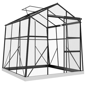 Polycarbonaat tuinkas met schuifdeur en dakraam | Kleur: Zwart | Afmetingen: 192x192x204 cm