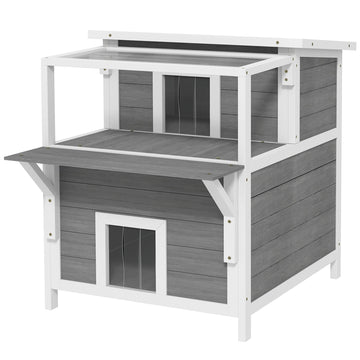 2-laags kattenhuis met balkon voor binnen en buiten | Kleur: Grijs-wit | Afmetingen: 87x64x76 cm