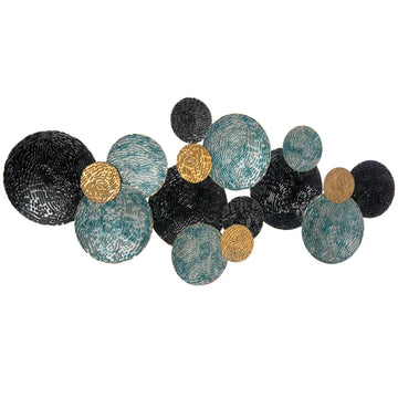 Metalen 3D-wanddecoratie met cirkels | Kleur: Goud+Blauw+Zwart | Afmetingen: 121x4x53 cm