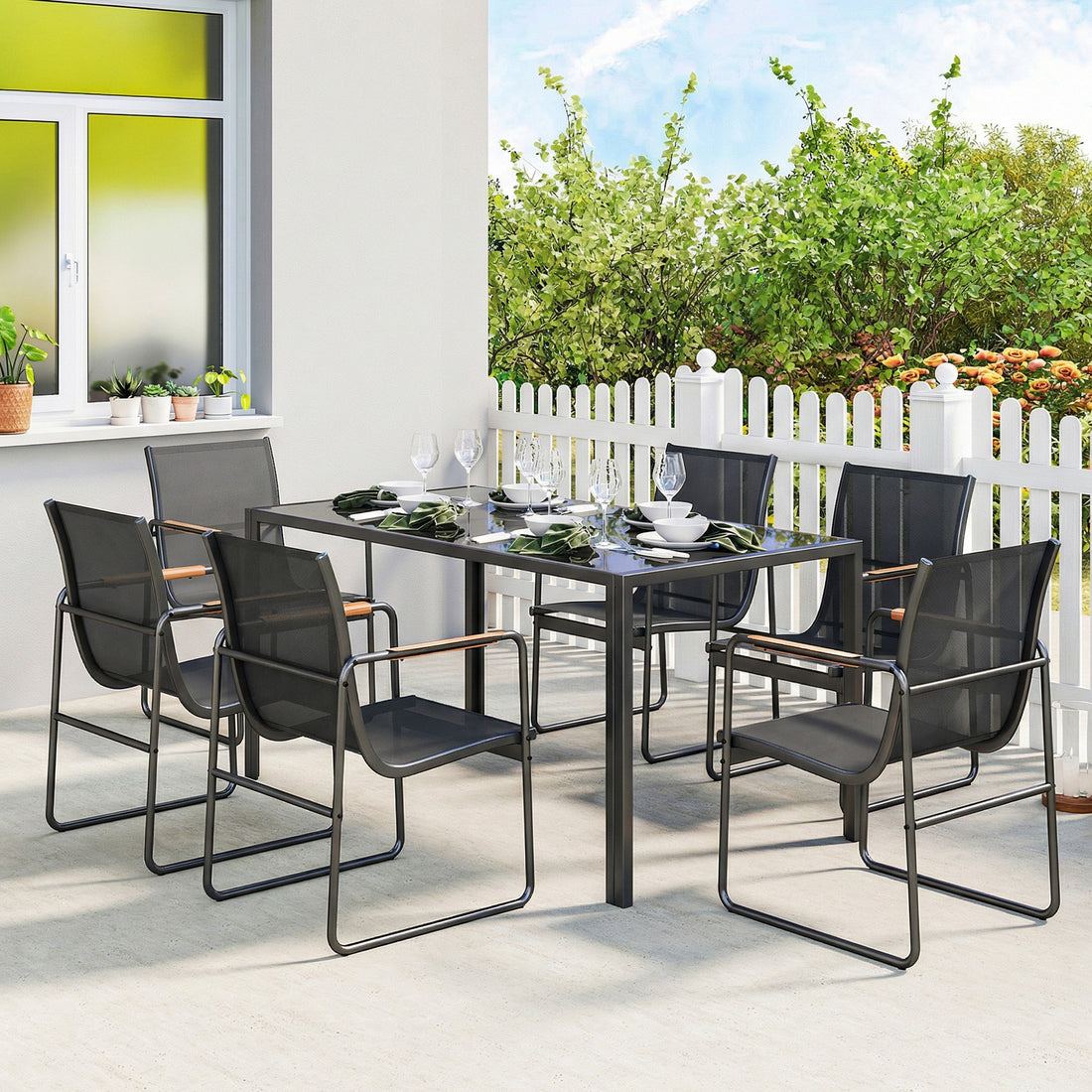 Gartenmöbel-Set mit Glastisch und 6 Stühlen | Farbe: Schwarz | Abmessungen: 150x80x73 cm