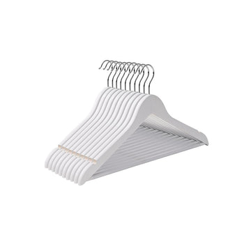 10 houten kledinghangers met broeklat, antislip, wit - 44,5 x 23 x 1,2 cm