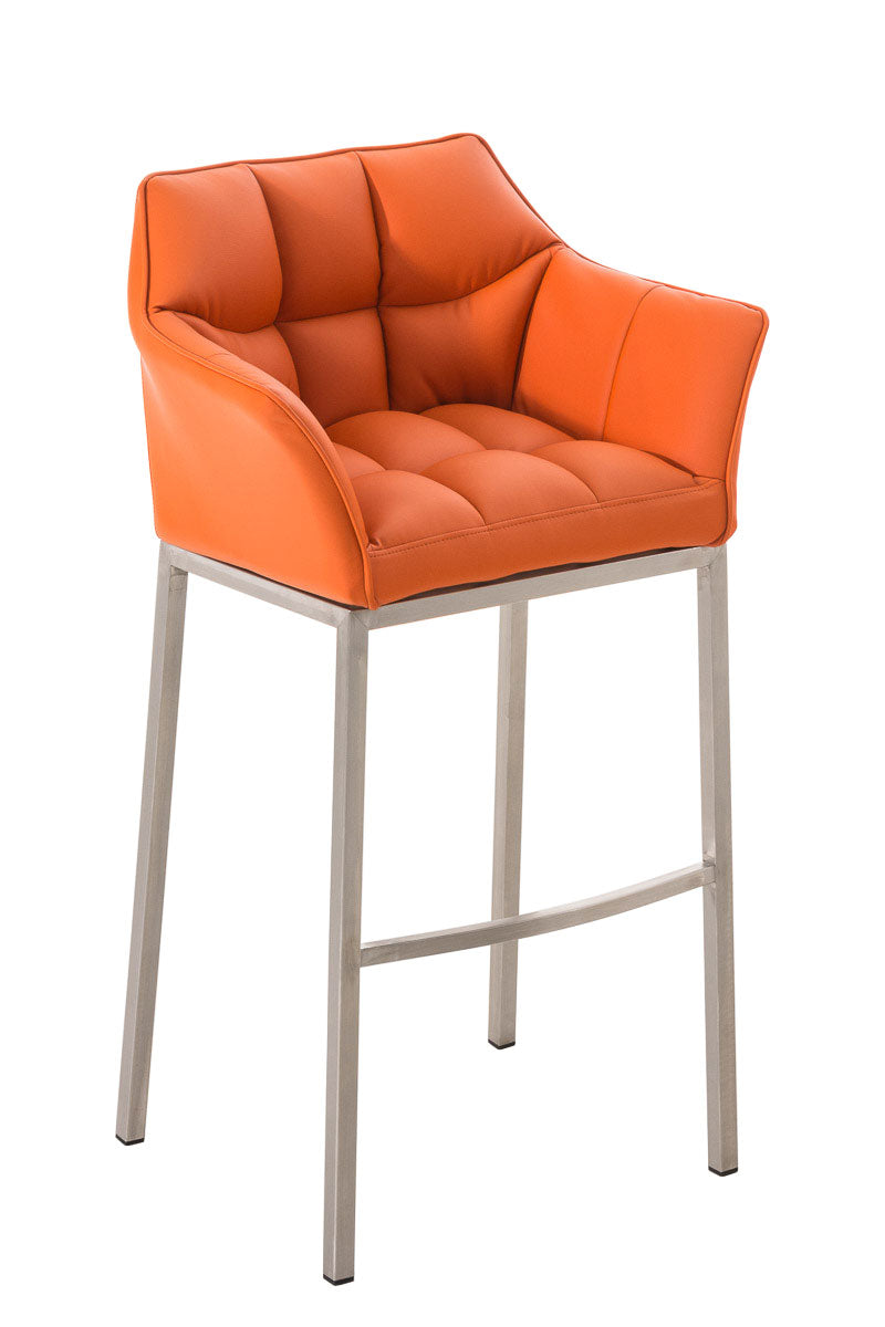 Barkruk Damaso - Hoge Kruk - Comfortabele Gewatteerde Rugleuning - Kunstleer Bekleding Kleur oranje Onderstel Kleur roestvrij staal