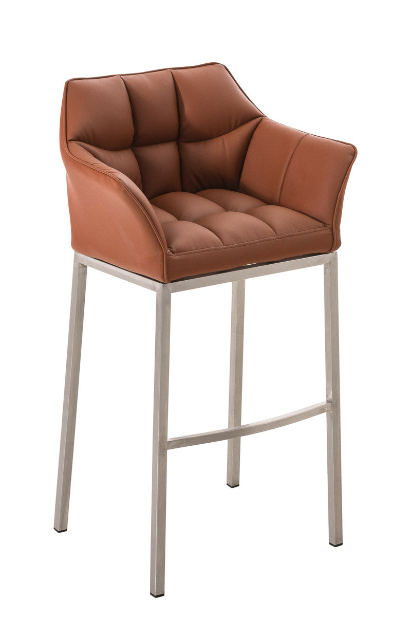 Barkruk Damaso - Hoge Kruk - Comfortabele Gewatteerde Rugleuning - Kunstleer Bekleding Kleur lichtbruin Onderstel Kleur roestvrij staal