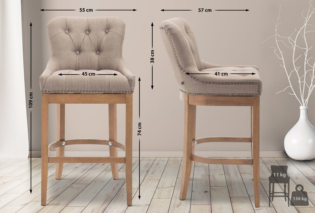 Barkruk met stoffen zitting - Houten kruk, optimaal zitcomfort, stijlvolle messing details Kleur taupe