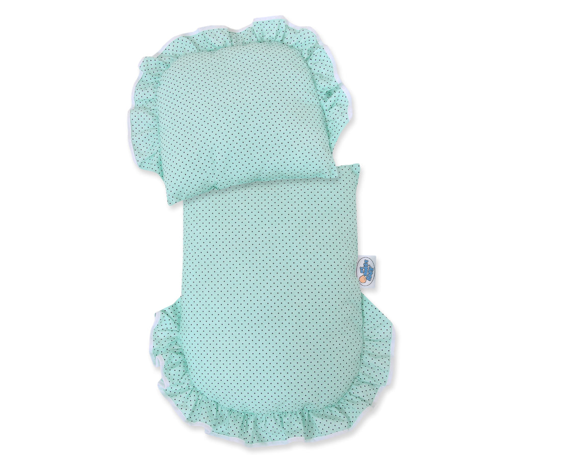 Weißer Puppenwagen aus Weide – handgefertigtes Spielzeug – mit mintfarbener Bettwäsche und weichem Futter