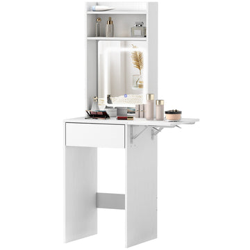 Compacte kaptafel met spiegel en LED-verlichting | Kleur: Wit | Afmetingen: 45x45x152 cm