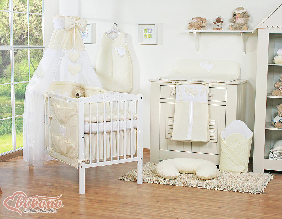 Chiffongsängel, babyhimmel, mjukt skydd med hängande hjärtan i krämfärg