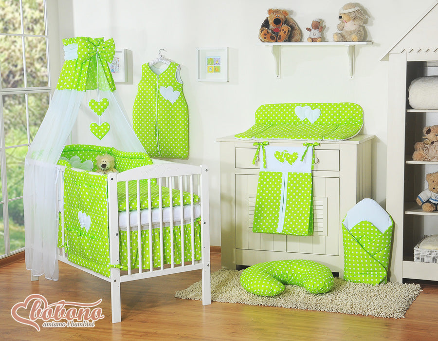 Chiffonghimmel - barnsänghimmel - ljusskydd och stämningsfullt barnrum, vit med gröna prickar