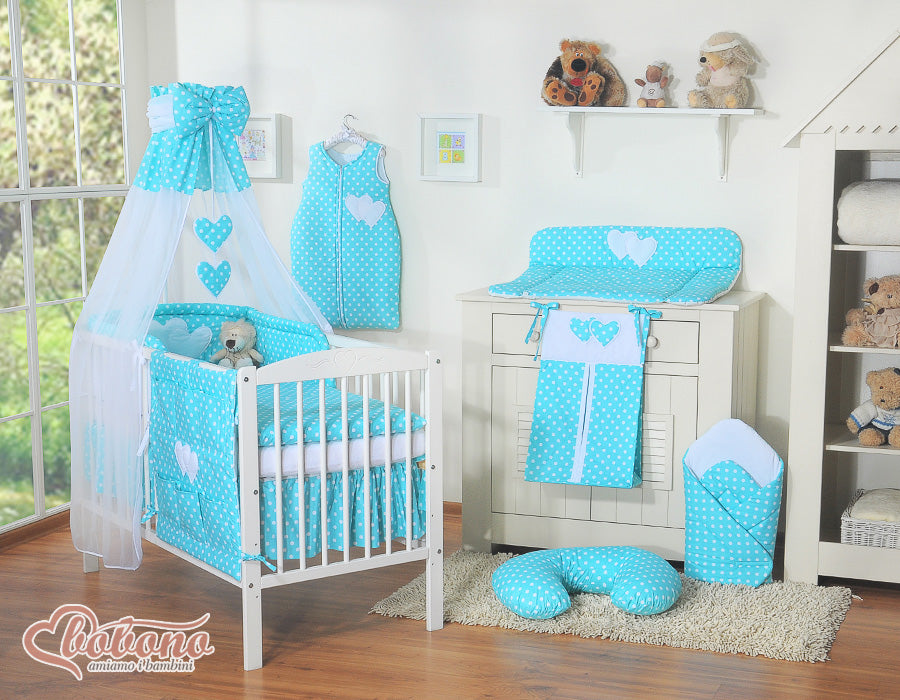 Chiffongsänghimmel - spjälsängssänghimmel - skyddar mot ljus och drag - vit med turkosa prickar