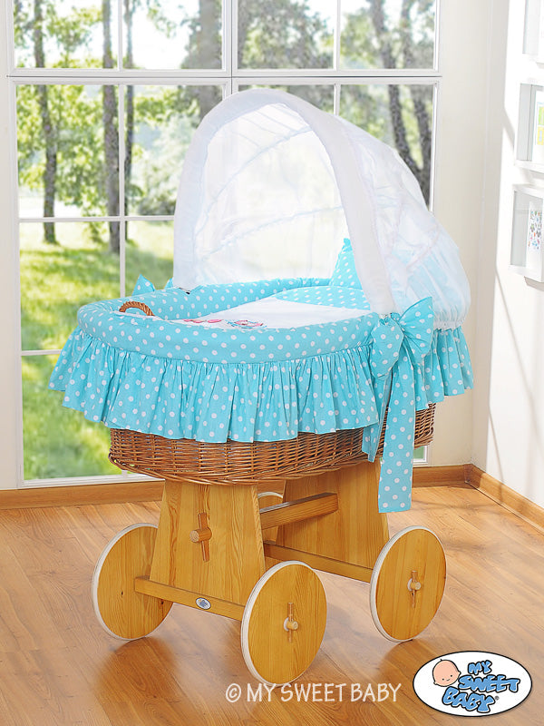 Wieg mand - wicker wieg met kap - grootste ligoppervlak, natuurlijk riet, turquoise uilen