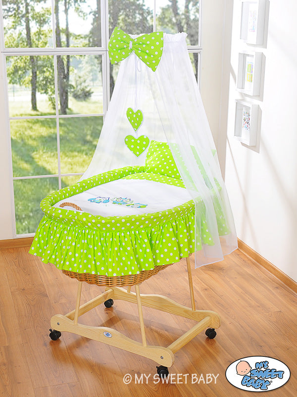 Spjälsäng i rotting - korg - ergonomisk, inkl. sängkläder och draperi, allergivänlig madrass