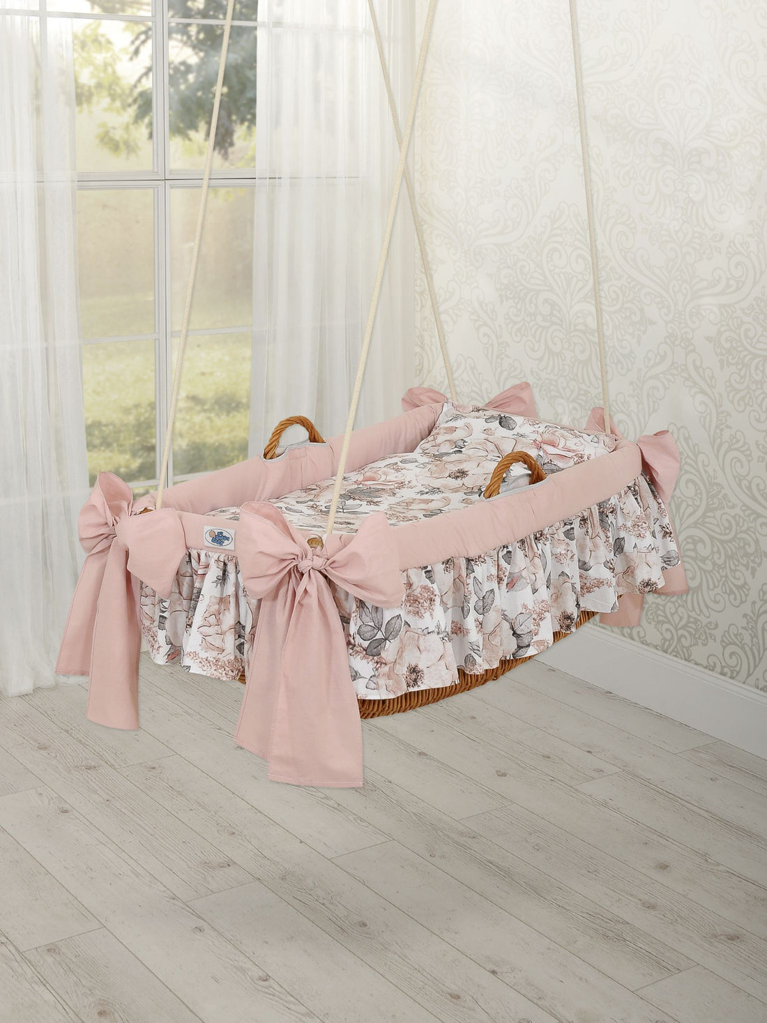 Hängande spjälsäng, babykorg, madrass med avtagbart överdrag – 100 % bomull, sepiaroser