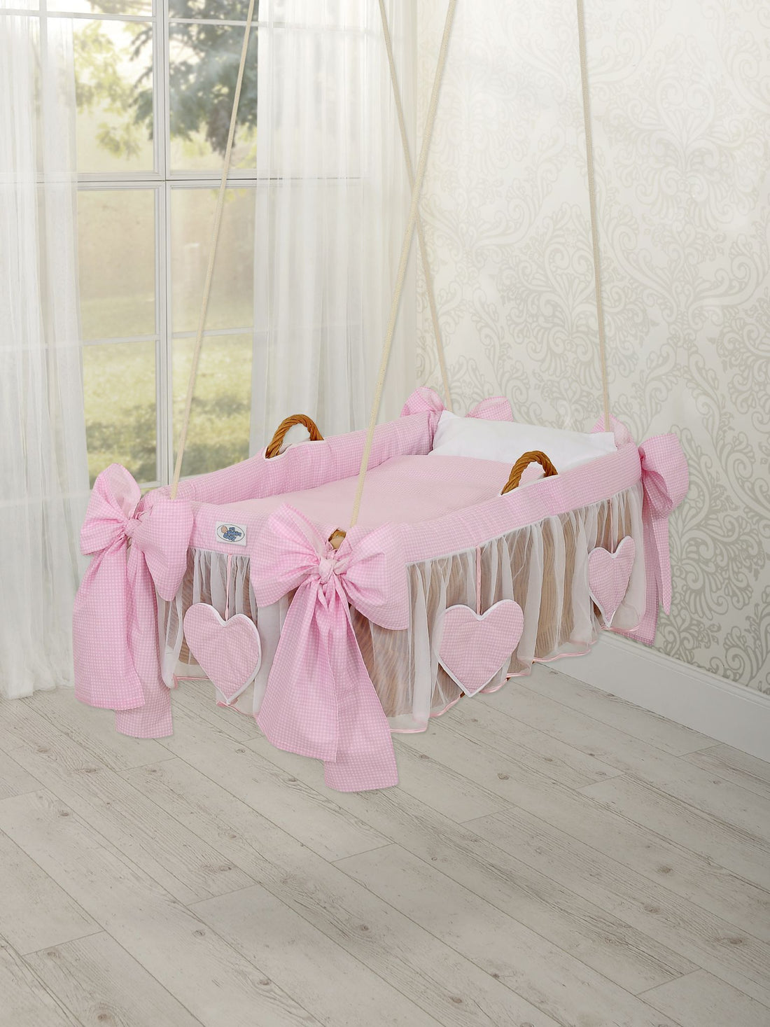 Hängande spjälsängskorg - vaggkorg - överdrag i 100 % bomull, lätt att rengöra, rosa rutig