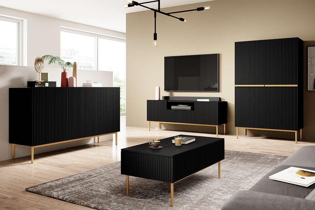 Nicole hoge ladekast 100 cm met lades en kasten voor opbergruimte | Mat zwart | Gouden poten