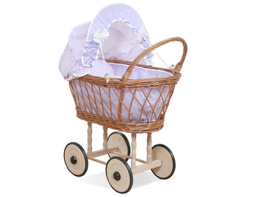 Wicker poppenwagen, rieten kinderwagen, zachte katoenen voering en lila beddengoed