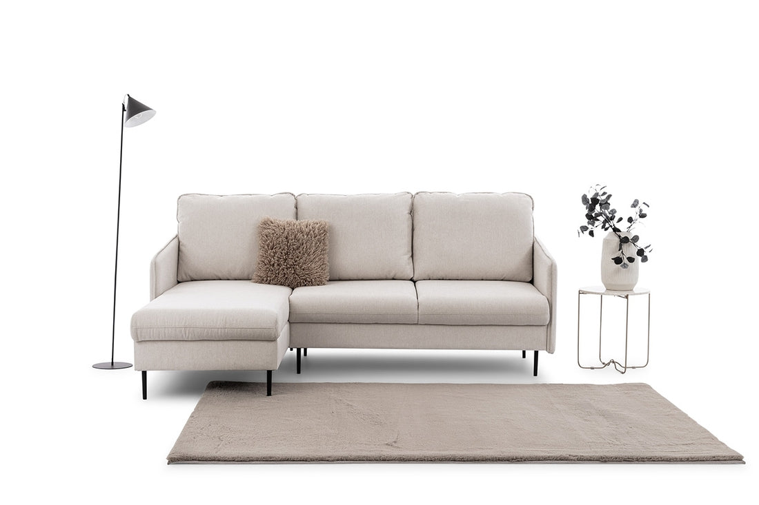 Taila Mini linkse hoekbank met slaapfunctie - Beige vlecht & zwarte poten | 225x99x163 cm