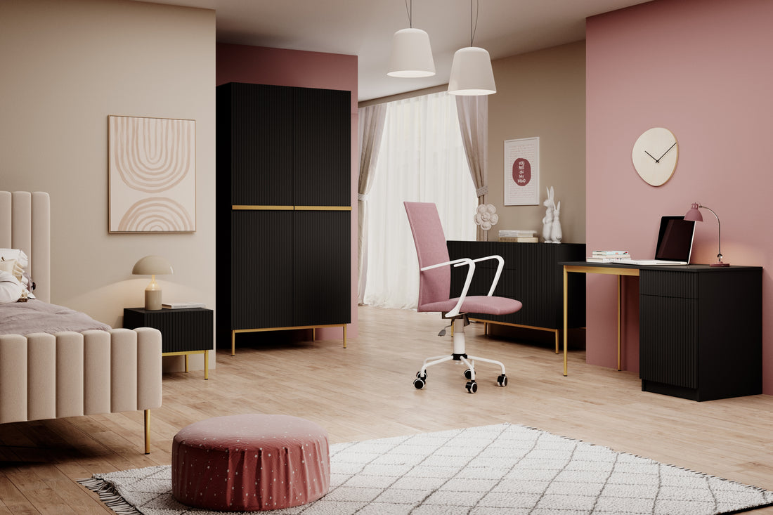 Nicole bureau 120 cm met lade - modern mat zwart bureau | Kleur: Mat zwart/goud | Maat: 120x75x55 cm