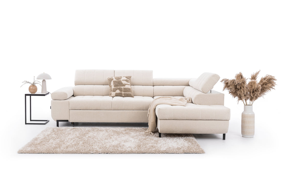 Hoekbank Tyrion L met slaapfunctie en opbergruimte | Beige chenille Ditra New 20 | 269x79/97x203 cm