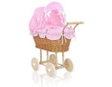 Wicker poppenwagen - rieten kinderwagen - met bekleding & rubberen wielen voor veilig spelen